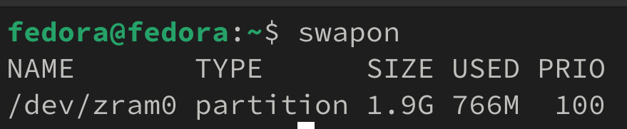 تصویر خروجی swapon در Fedora
